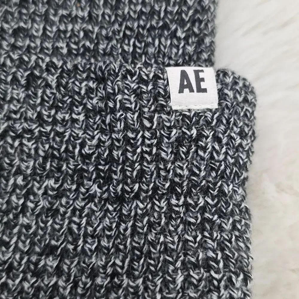 American Eagle Black Marbled Waffle Knit Beanie NWT Unisex Slouchy Winter Hat OS